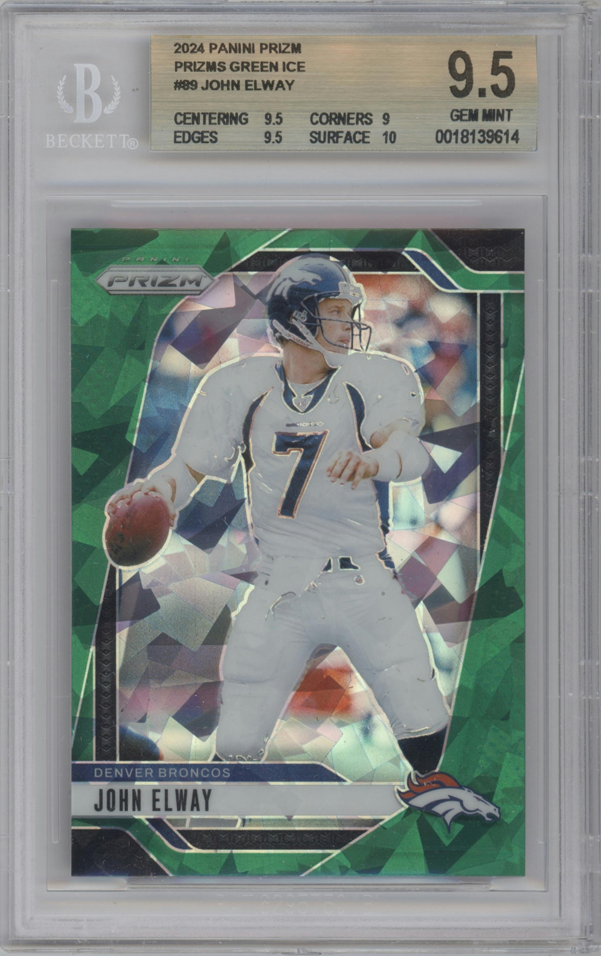 John Elway from the 2024 Panini Prizm set featuring a Green Ice parallel graded by Beckett and given an overall grade of 9.5.