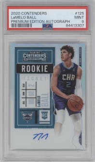 LaMelo Ball from the 2020-21 Panini Contenders set graded by PSA and given an overall grade of 9.