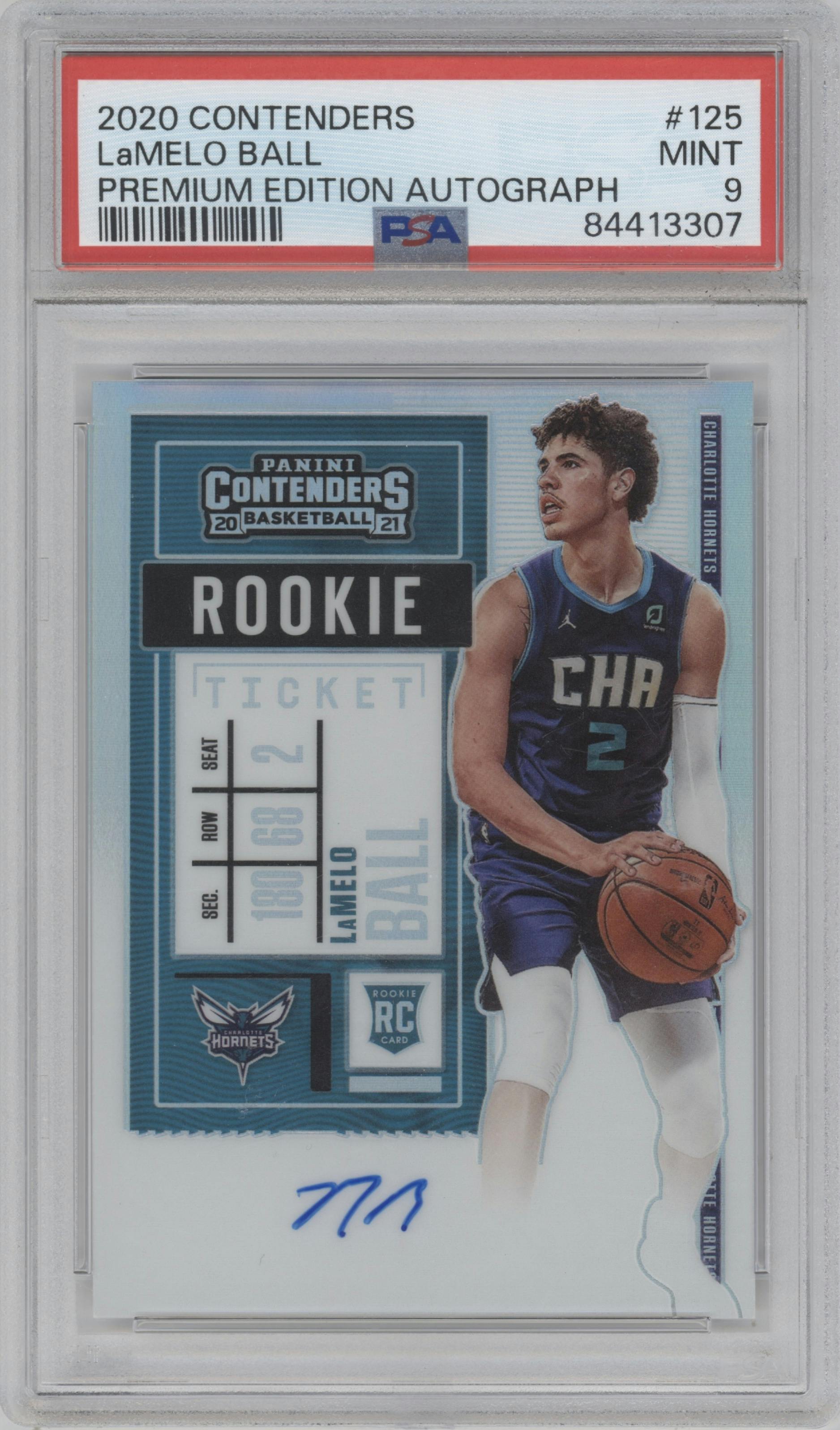 LaMelo Ball from the 2020-21 Panini Contenders set graded by PSA and given an overall grade of 9.