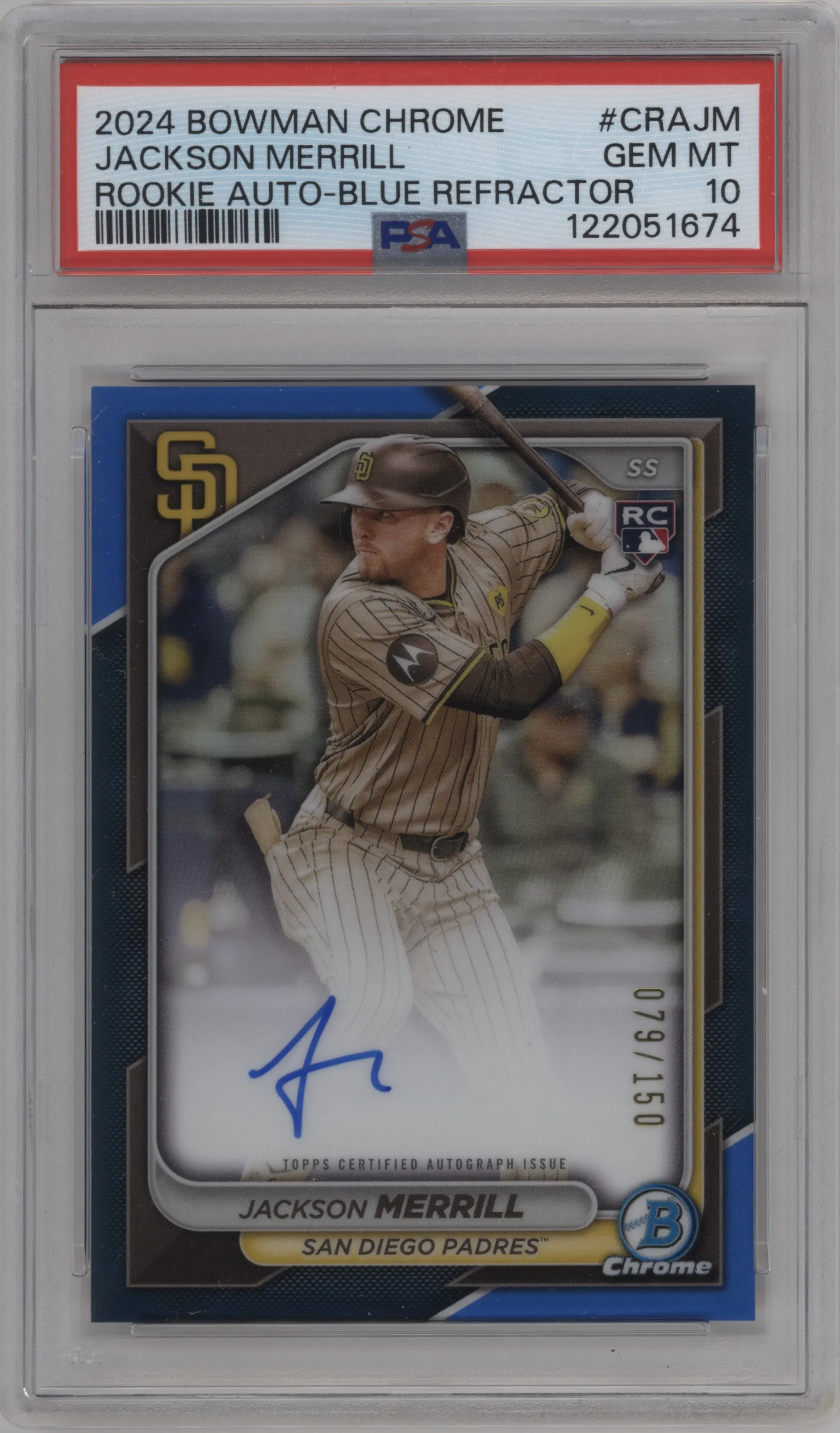 2024 Bowman Chrome Rke.Auto Jackson Merrill Blue Refractor #CRA-JM PSA 10