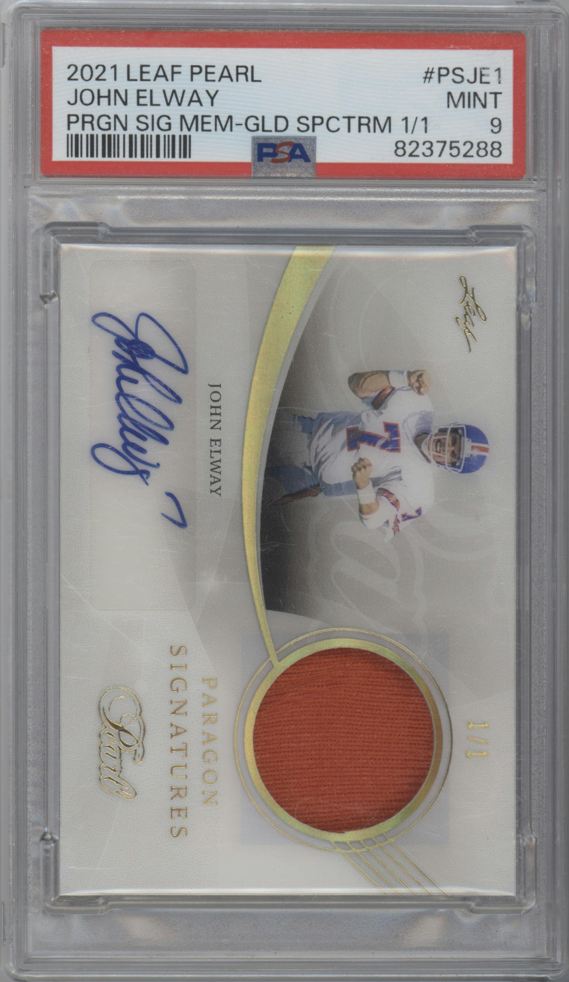 John Elway from the 2021-22 Leaf Pearl Multi-Sport set featuring a Gold Spectrum parallel graded by PSA and given an overall grade of 9.