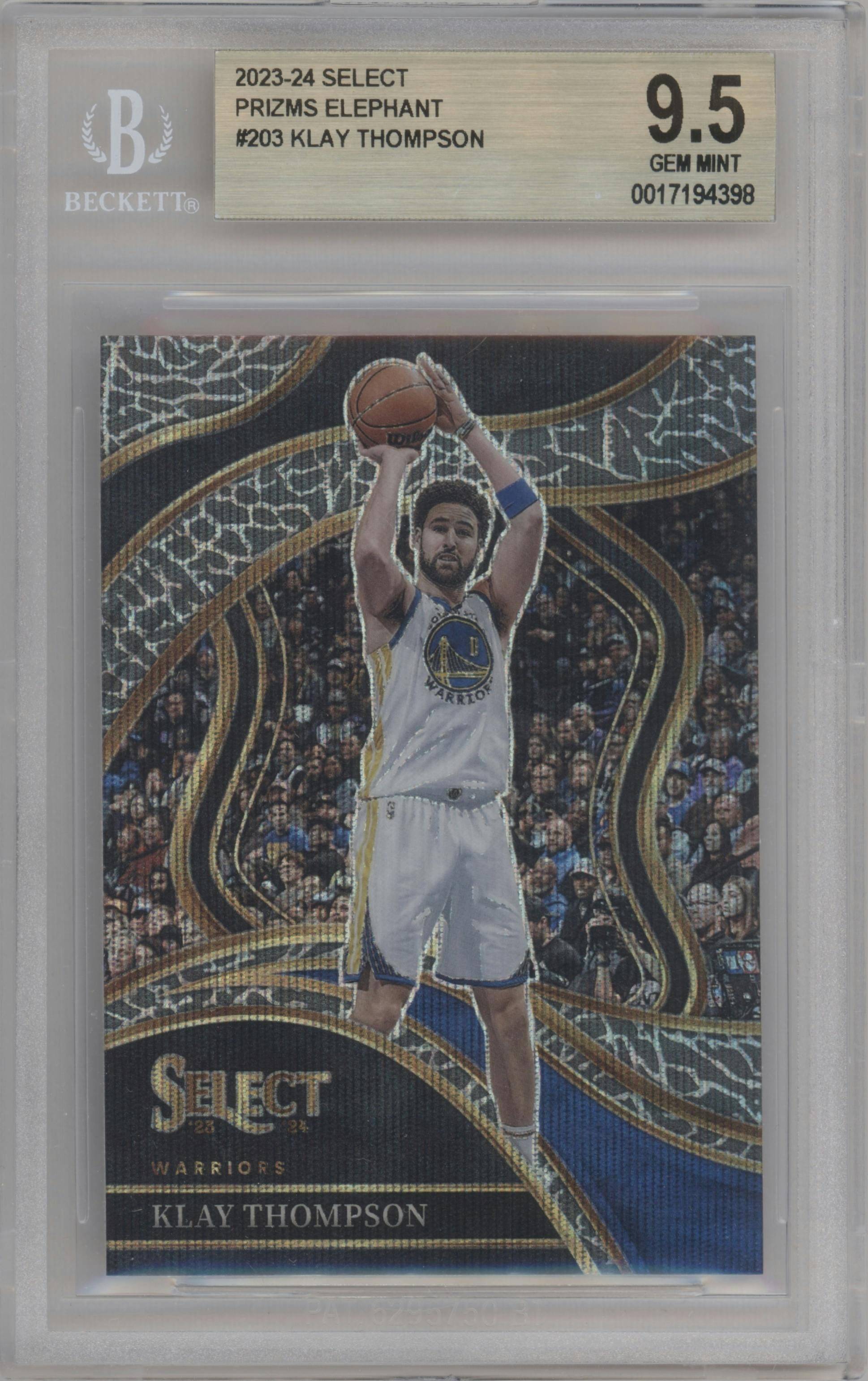 Klay Thompson from the 2023-24 Panini Select  set featuring a Elephant parallel graded by Beckett and given an overall grade of 9.5.