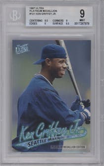 Ken Griffey Jr. from the 1997 Fleer Ultra set featuring a Platinum Medallion Edition parallel graded by Beckett and given an overall grade of 9.