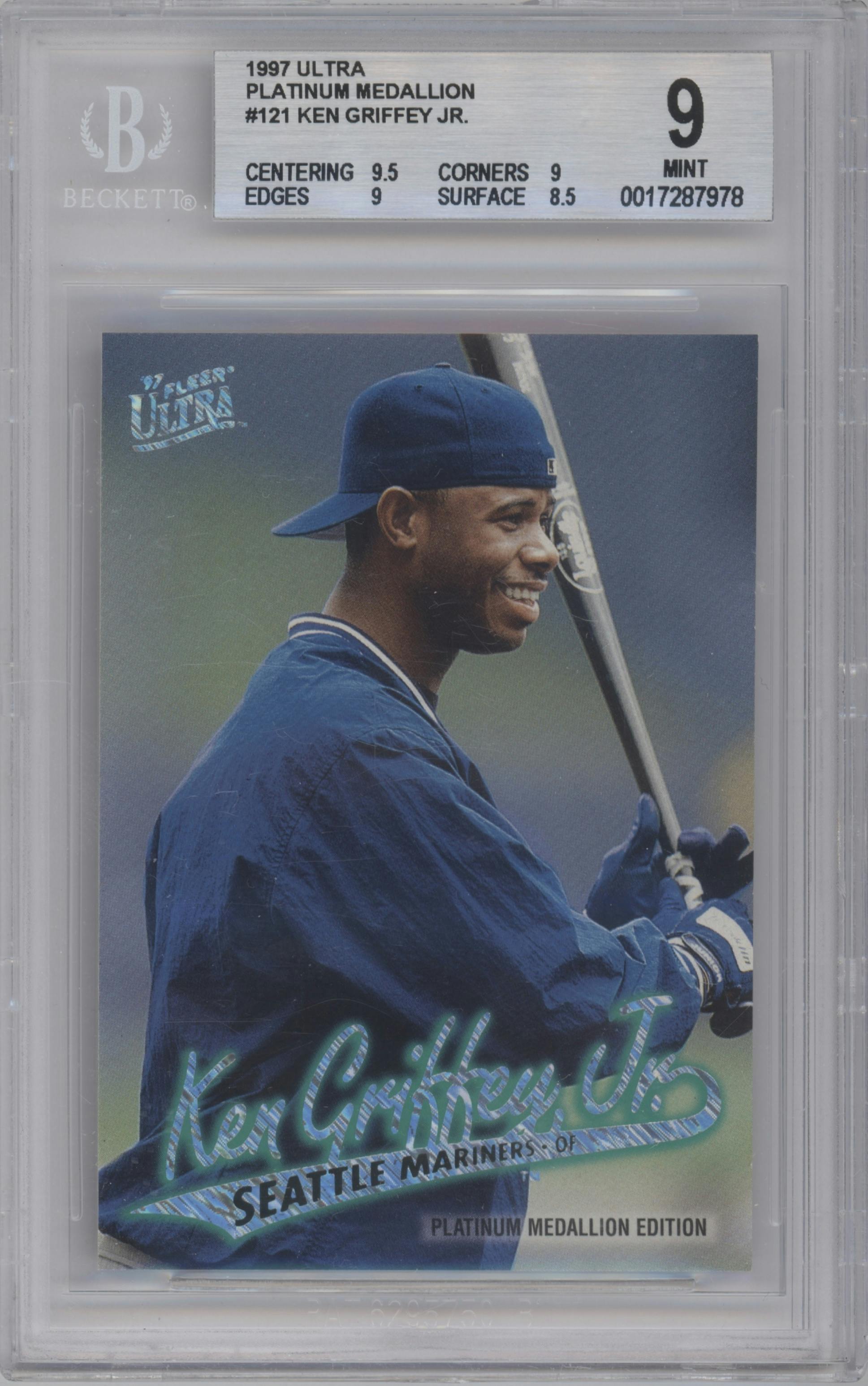 Ken Griffey Jr. from the 1997 Fleer Ultra set featuring a Platinum Medallion Edition parallel graded by Beckett and given an overall grade of 9.