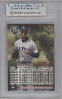 Ken Griffey Jr. from the 1997 Fleer Ultra set featuring a Platinum Medallion Edition parallel graded by Beckett and given an overall grade of 9.