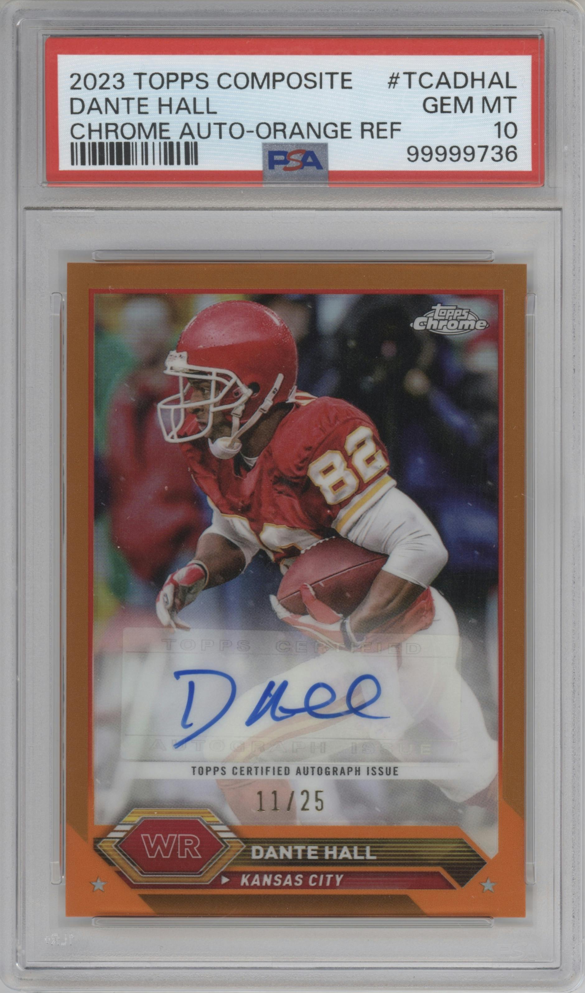 Dante Hall  from the 2023 Topps Composite set featuring a Orange Refractor parallel graded by PSA and given an overall grade of 10.