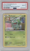 Bulbasaur from the 2012 Pokemon B&W set featuring a Build-A-Bear Workshop parallel graded by PSA and given an overall grade of 8.
