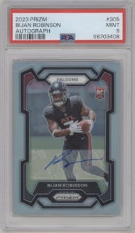 Bijan Robinson from the 2023 Panini Prizm set graded by PSA and given an overall grade of 9.