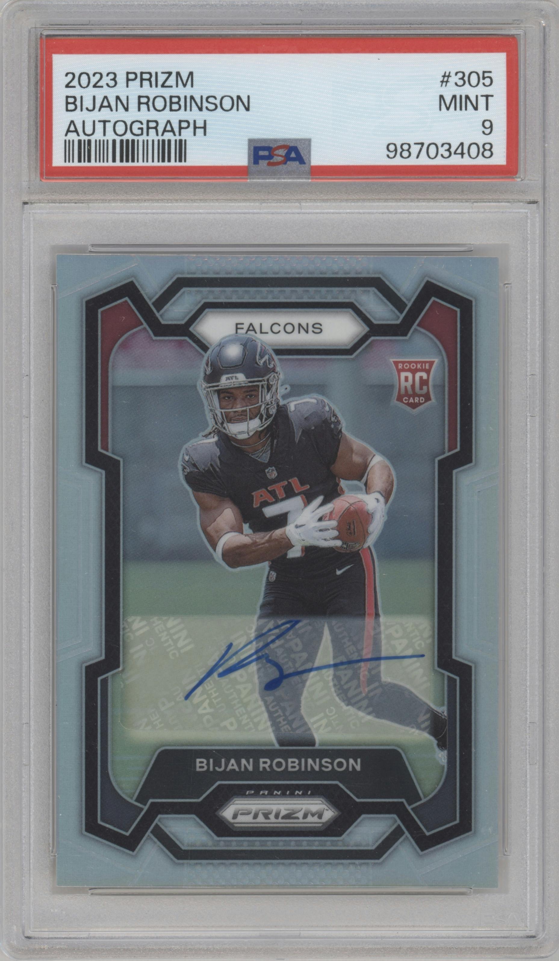 Bijan Robinson from the 2023 Panini Prizm set graded by PSA and given an overall grade of 9.