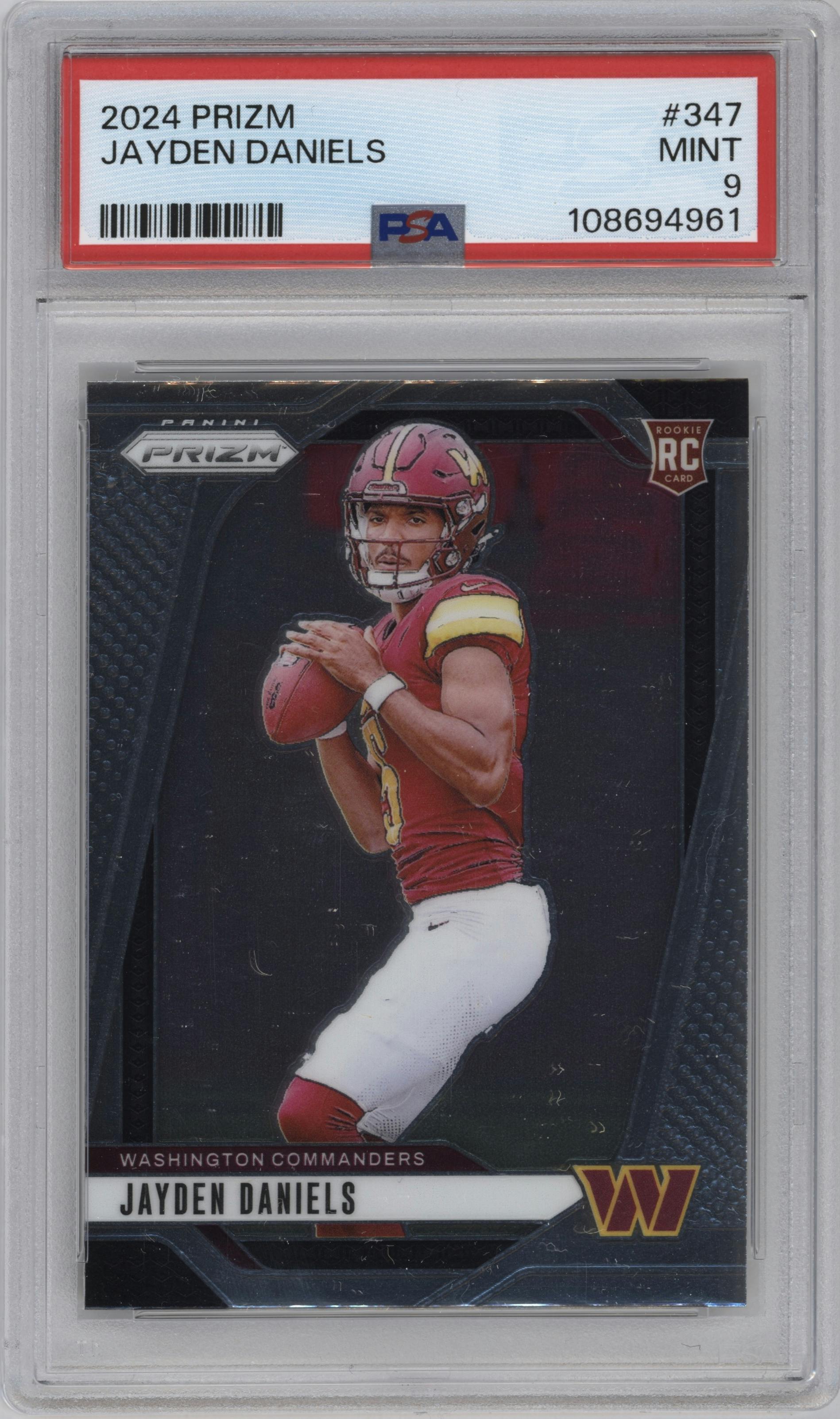 Jayden Daniels from the 2024 Panini Prizm set graded by PSA and given an overall grade of 9.