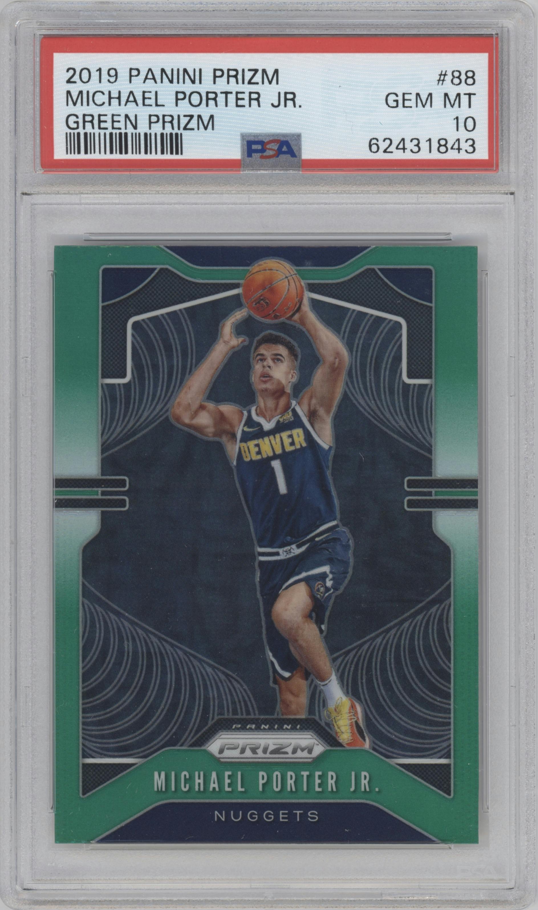 Michael Porter Jr. from the 2019-20 Panini Prizm set featuring a Green Prizm parallel graded by PSA and given an overall grade of 10.