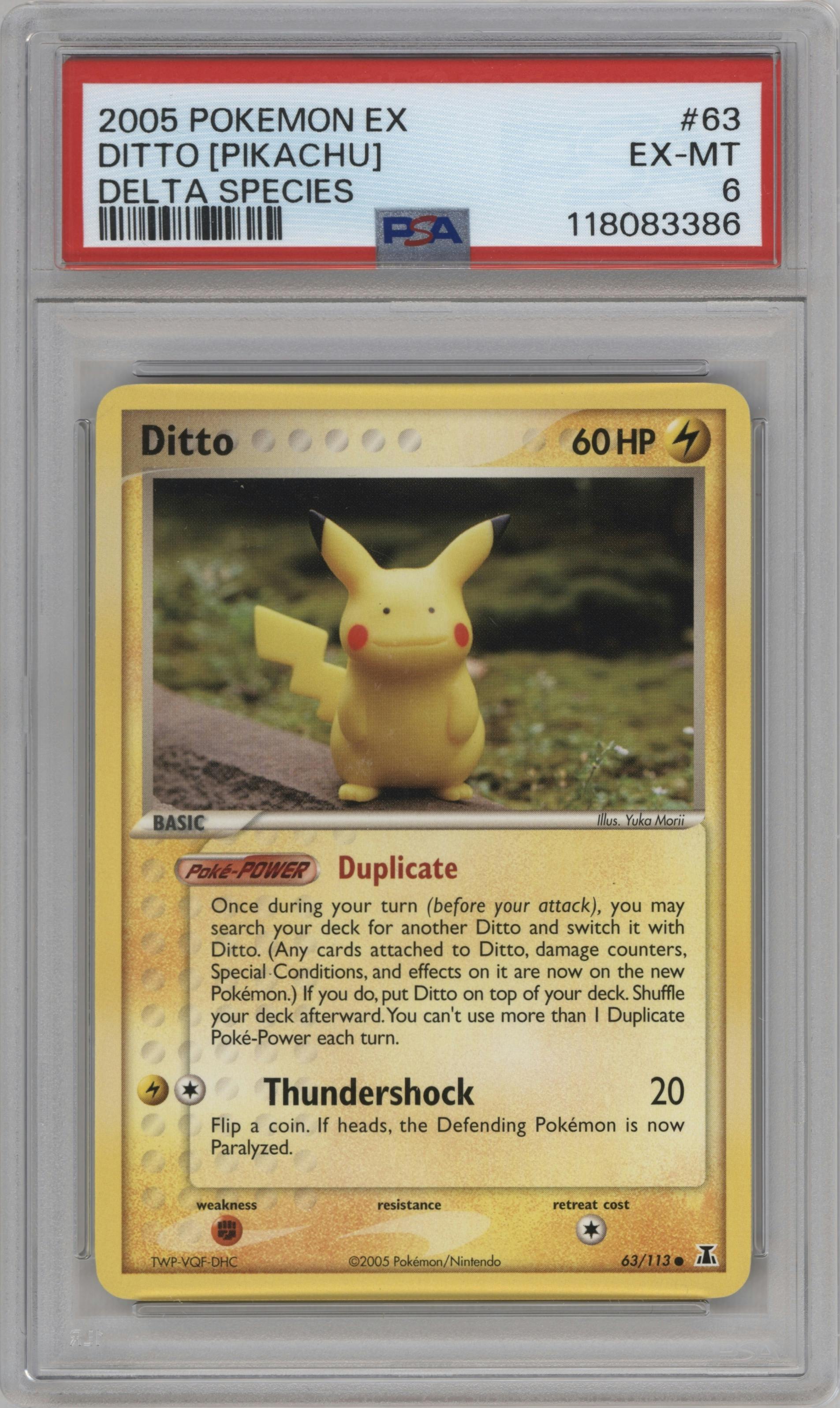 Ditto (Pikachu) from the 2005 Pokemon EX set graded by PSA and given an overall grade of 6.