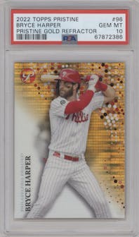 Bryce Harper from the 2022 Topps Pristine set featuring a Gold Pristine Refractor parallel graded by PSA and given an overall grade of 10.