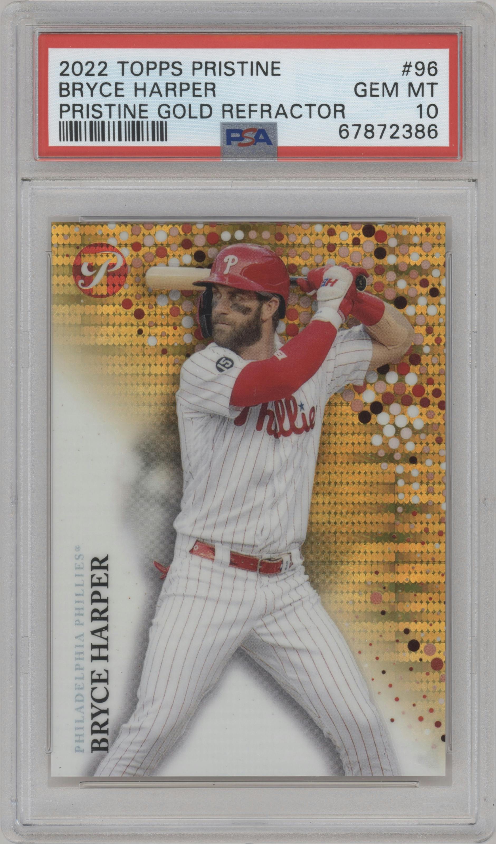 Bryce Harper from the 2022 Topps Pristine set featuring a Gold Pristine Refractor parallel graded by PSA and given an overall grade of 10.