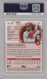 Bryce Harper from the 2022 Topps Pristine set featuring a Gold Pristine Refractor parallel graded by PSA and given an overall grade of 10.