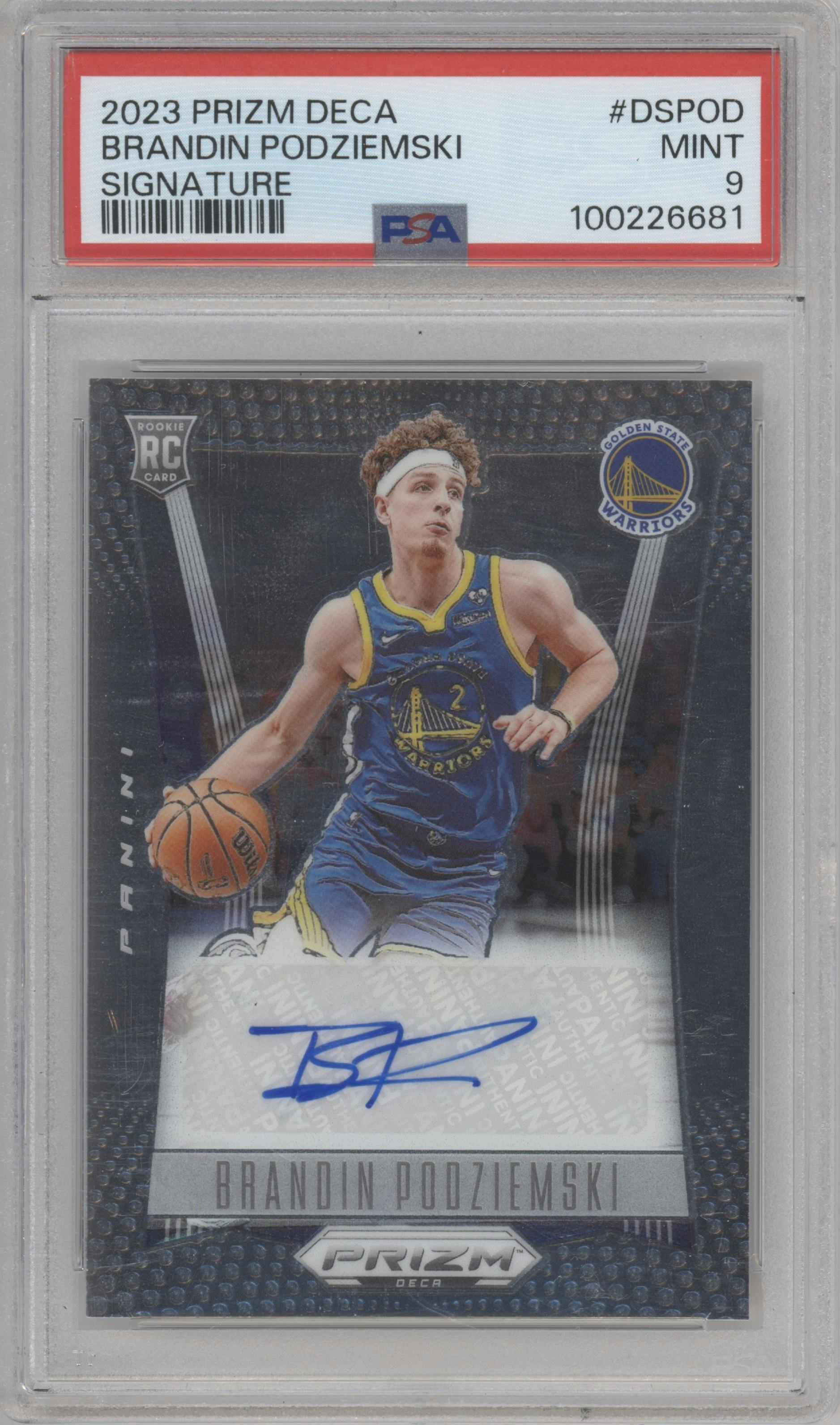 Brandin Podziemski from the 2023-24 Panini Prizm Deca set graded by PSA and given an overall grade of 9.