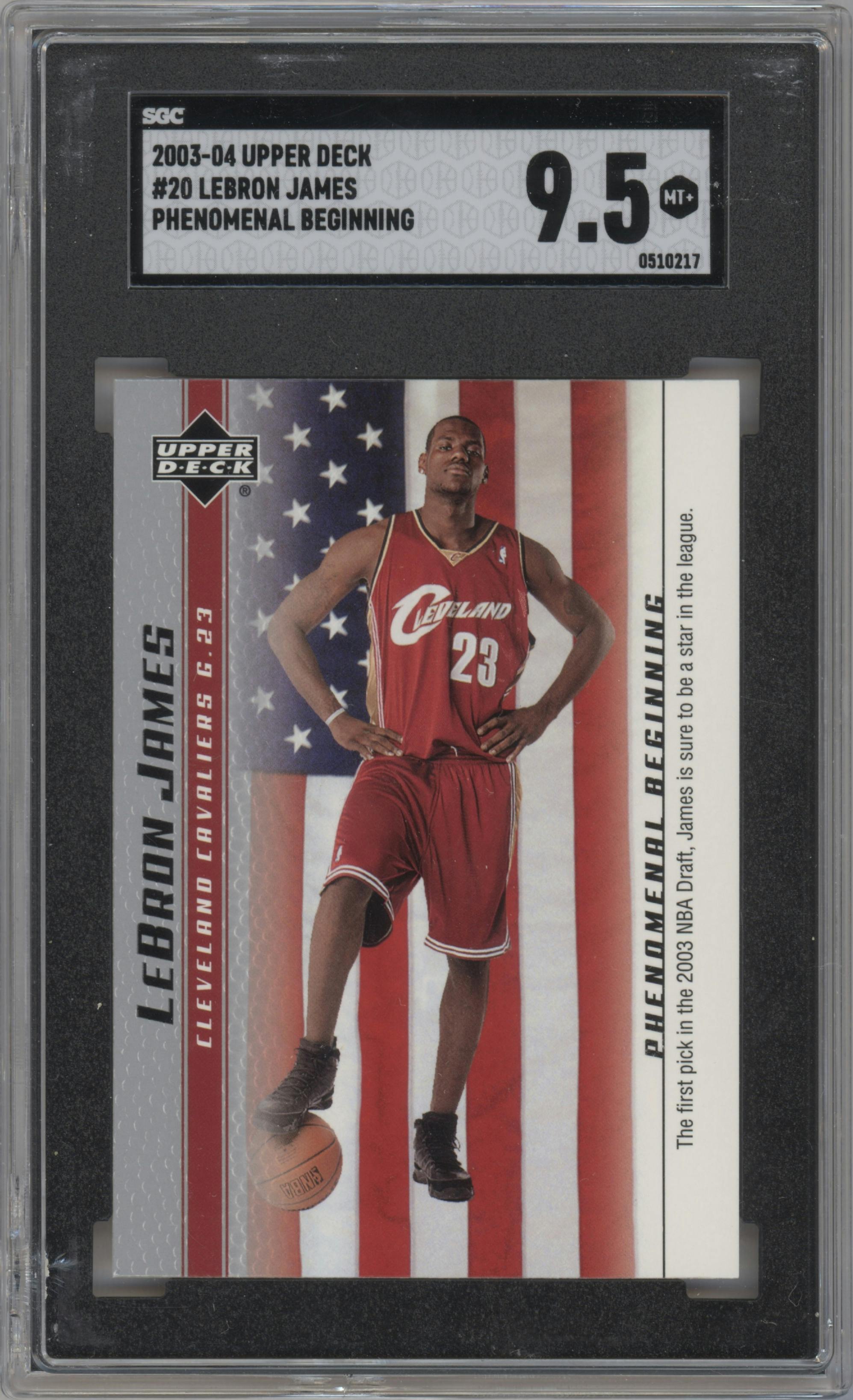 LeBron James from the 2003-04 Upper Deck LeBron James Phenomenal Beginning set graded by SGC and given an overall grade of 9.5.