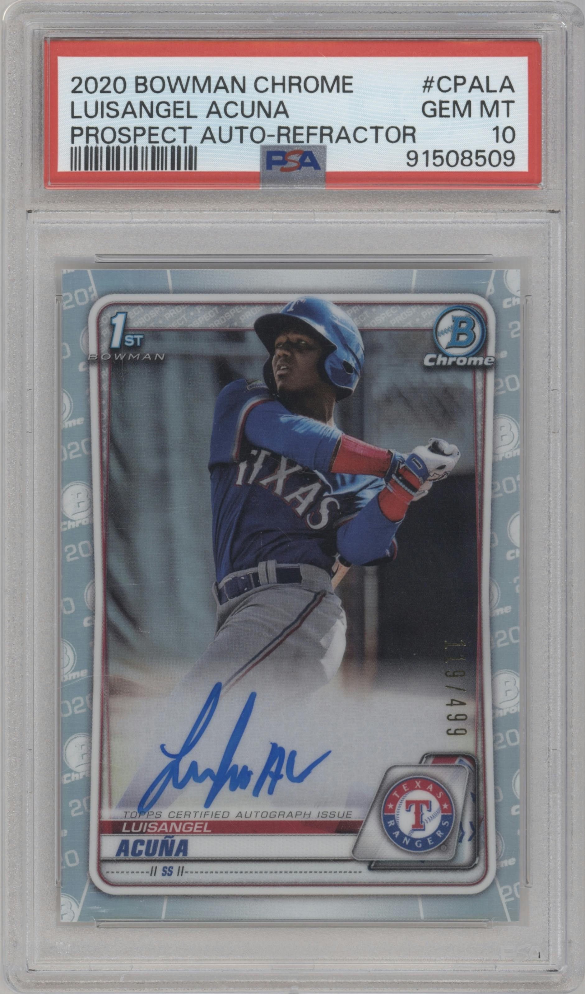 Luisangel Acuna from the 2020 Bowman Chrome set featuring a Refractor parallel graded by PSA and given an overall grade of 10.