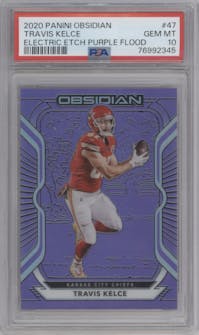 Travis Kelce from the 2020 Panini Obsidian set featuring a Electric Etch Purple Flood parallel graded by PSA and given an overall grade of 10.