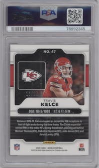Travis Kelce from the 2020 Panini Obsidian set featuring a Electric Etch Purple Flood parallel graded by PSA and given an overall grade of 10.