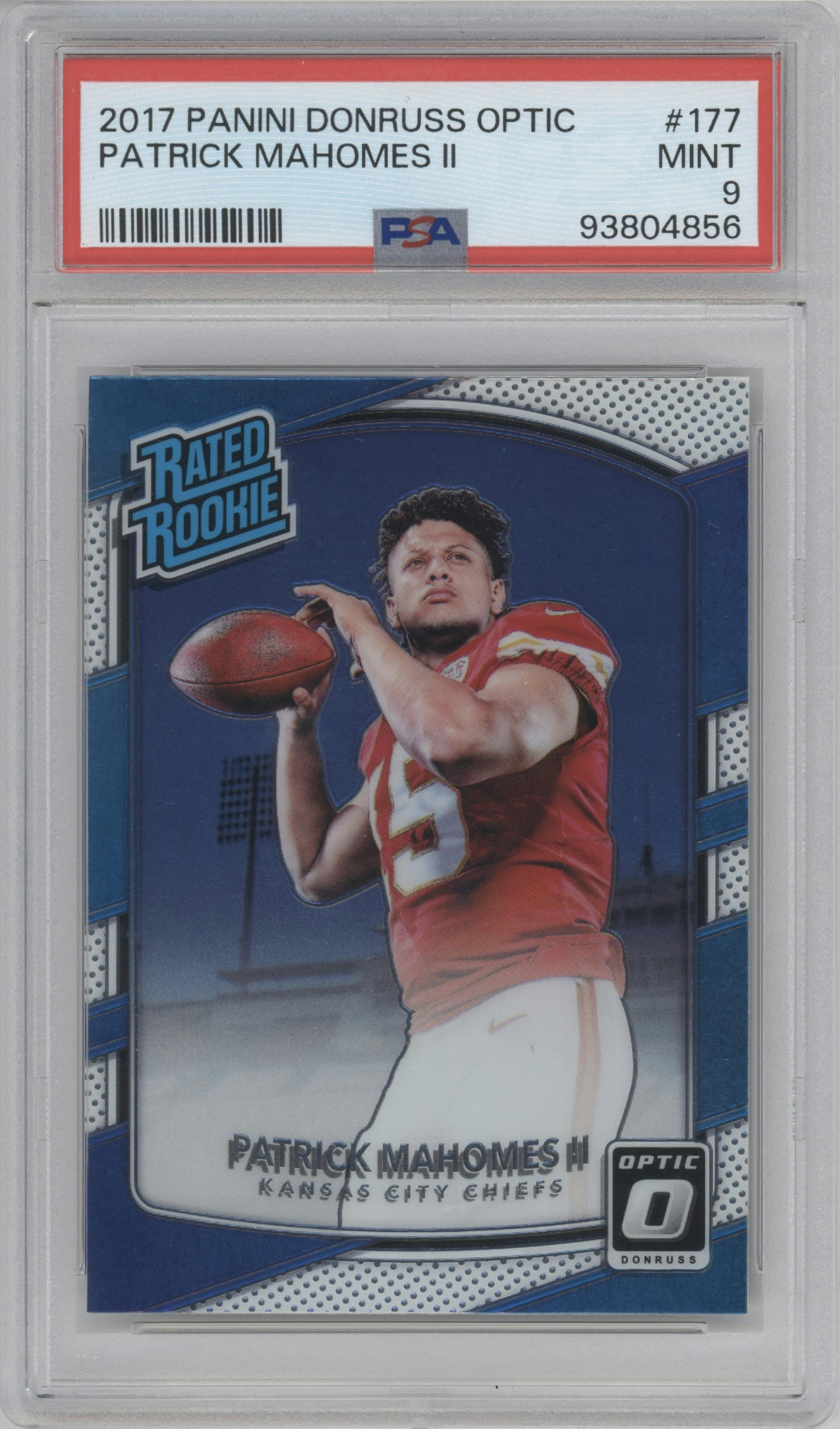 Patrick Mahomes II from the 2017 Panini Donruss Optic set graded by PSA and given an overall grade of 9.
