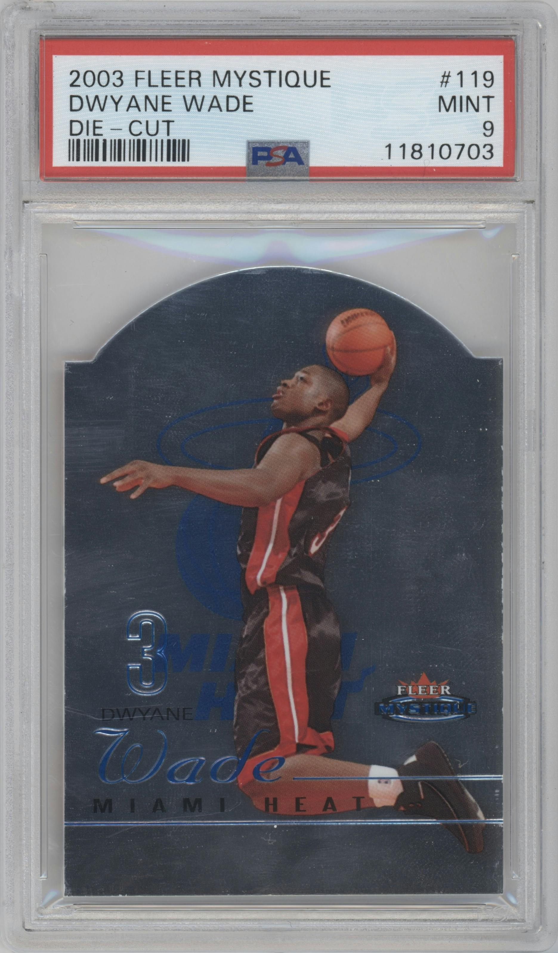 Dwyane Wade from the 2003-04 Fleer Mystique set featuring a Die Cut parallel graded by PSA and given an overall grade of 9.