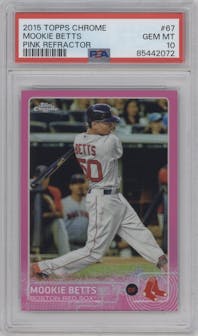 Mookie Betts from the 2015 Topps Chrome set featuring a Pink Refractor parallel graded by PSA and given an overall grade of 10.