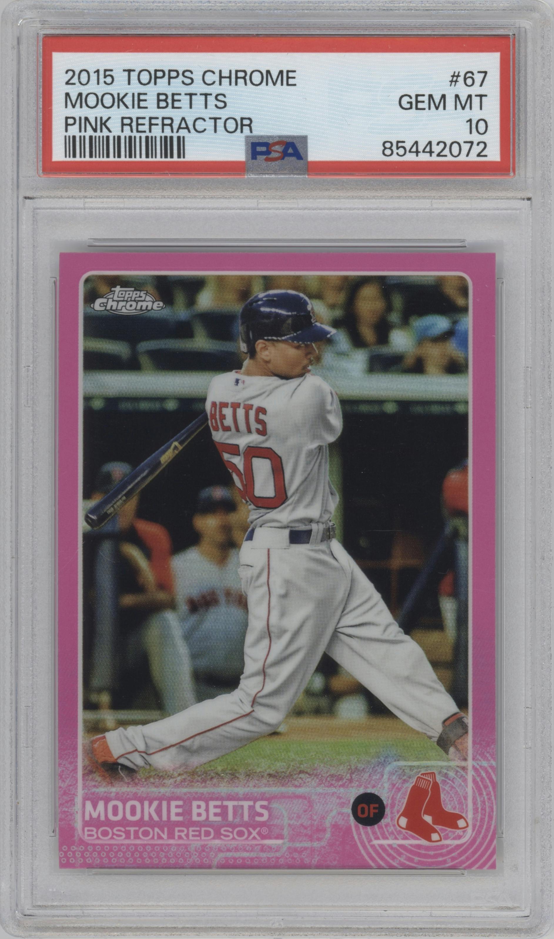 Mookie Betts from the 2015 Topps Chrome set featuring a Pink Refractor parallel graded by PSA and given an overall grade of 10.