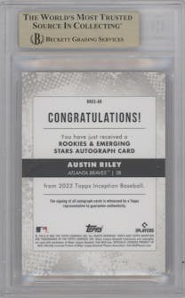 Austin Riley from the 2022 Topps Inception set featuring a Red parallel graded by Beckett and given an overall grade of 9.5.