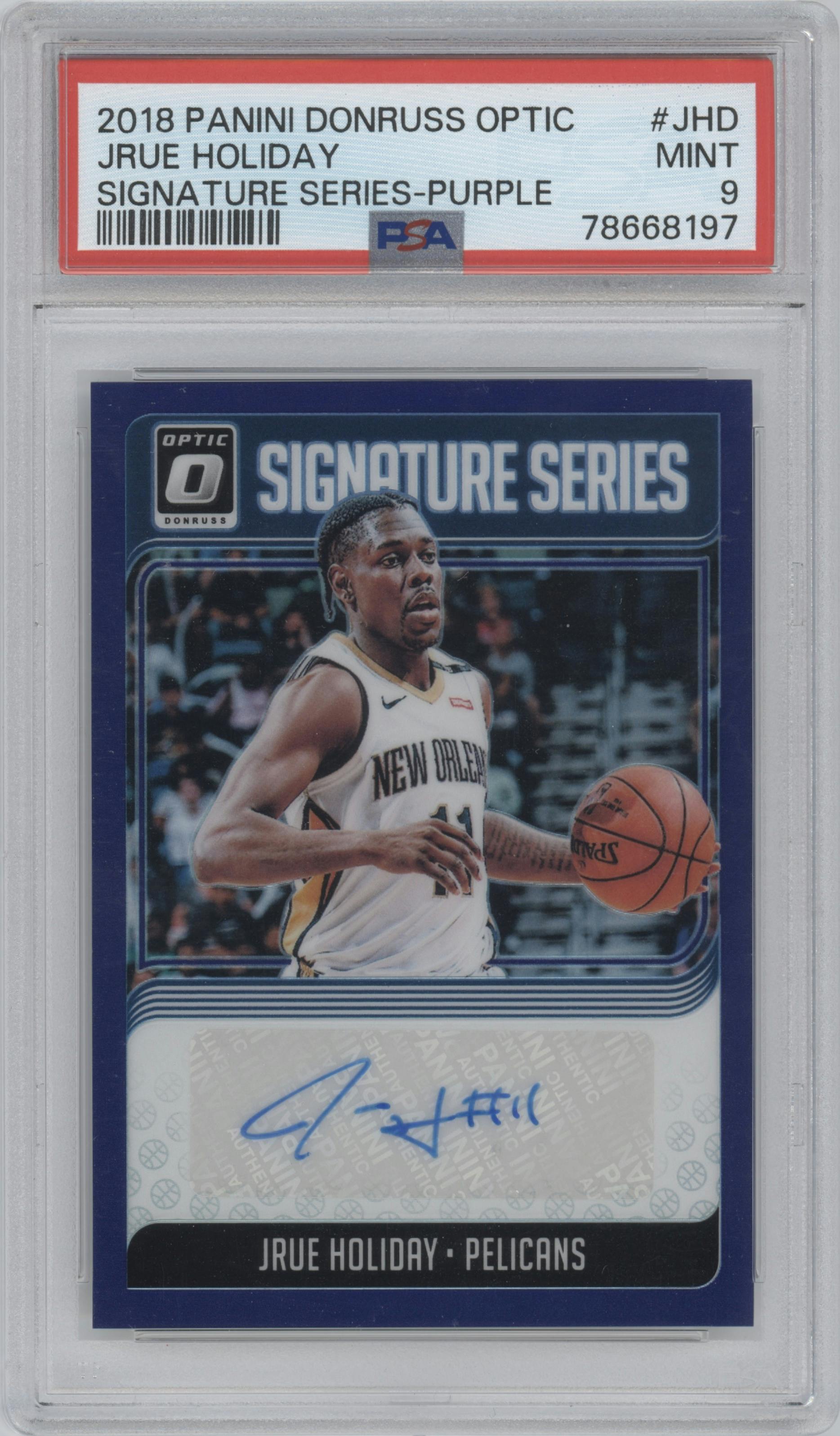 Jrue Holiday from the 2018-19 Panini Donruss Optic set featuring a Purple parallel graded by PSA and given an overall grade of 9.