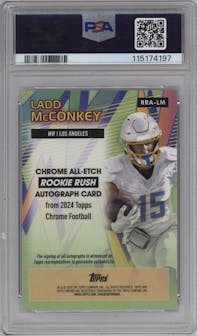 Ladd McConkey from the 2024 Topps Chrome set featuring a Gold Refractor parallel graded by PSA and given an overall grade of 10.