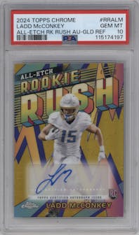 Ladd McConkey from the 2024 Topps Chrome set featuring a Gold Refractor parallel graded by PSA and given an overall grade of 10.