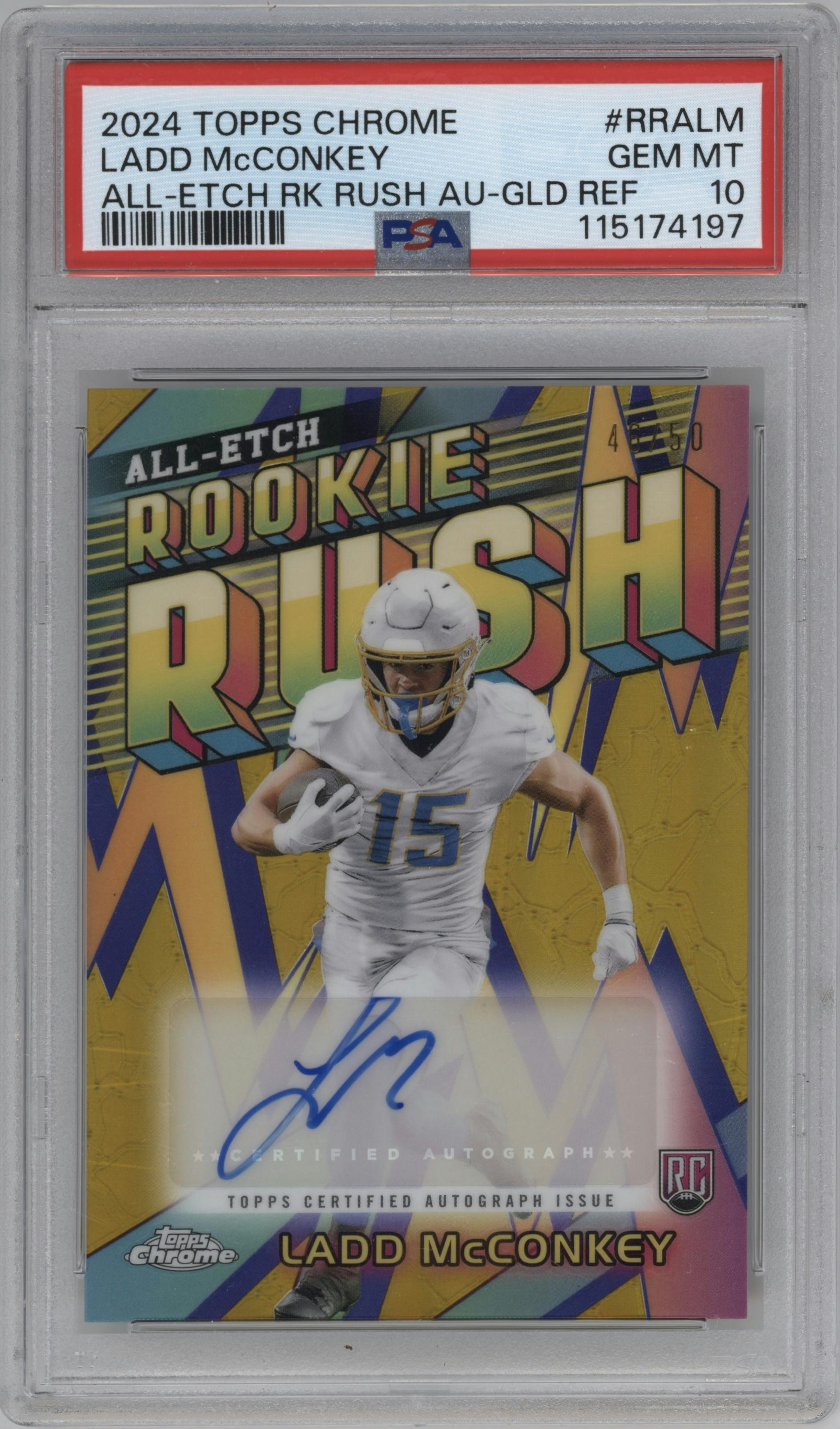 Ladd McConkey from the 2024 Topps Chrome set featuring a Gold Refractor parallel graded by PSA and given an overall grade of 10.