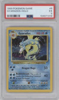 Gyarados from the 1999 Pokemon set graded by PSA and given an overall grade of 5.
