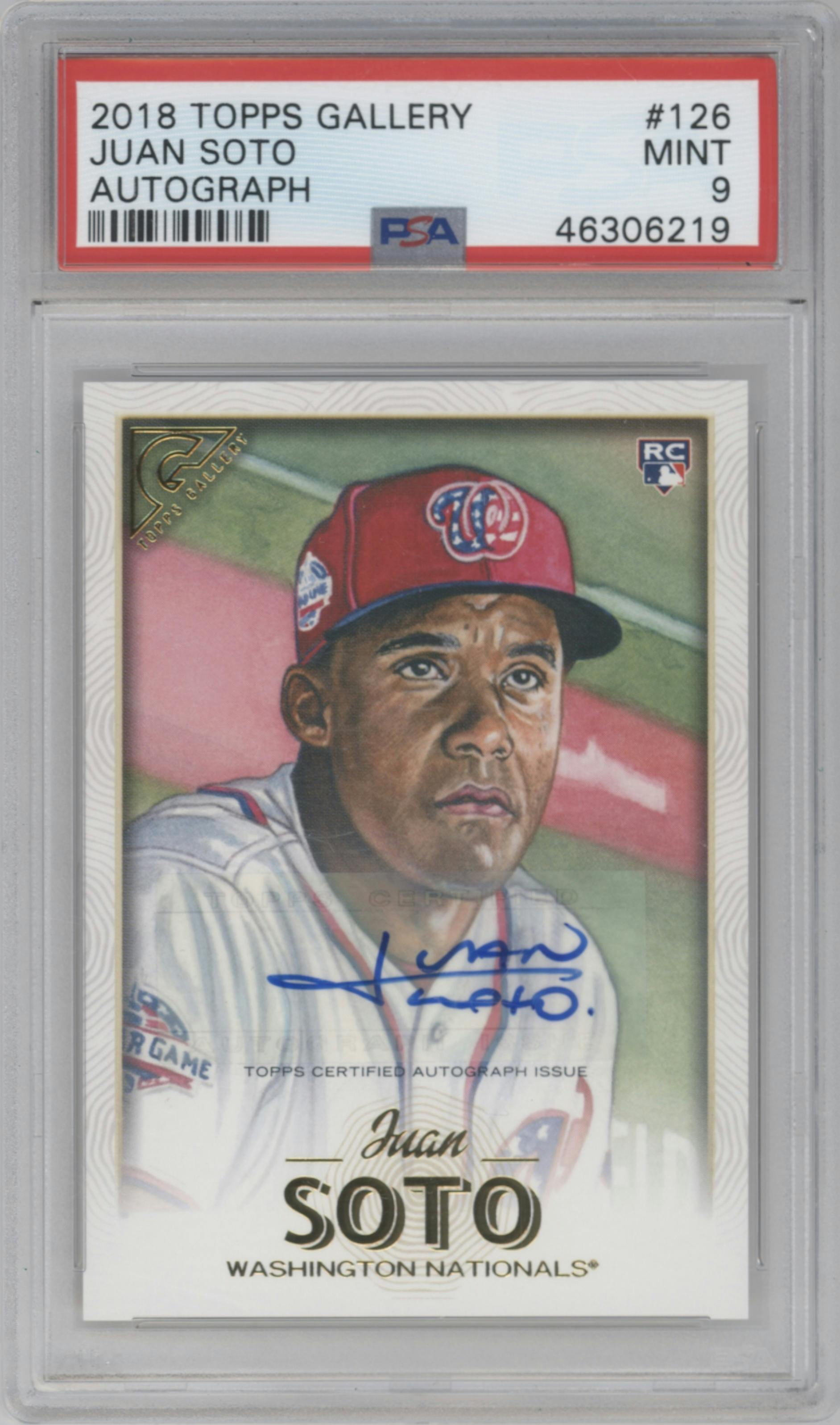 Juan Soto from the 2018 Topps Gallery set graded by PSA and given an overall grade of 9.