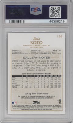 Juan Soto from the 2018 Topps Gallery set graded by PSA and given an overall grade of 9.
