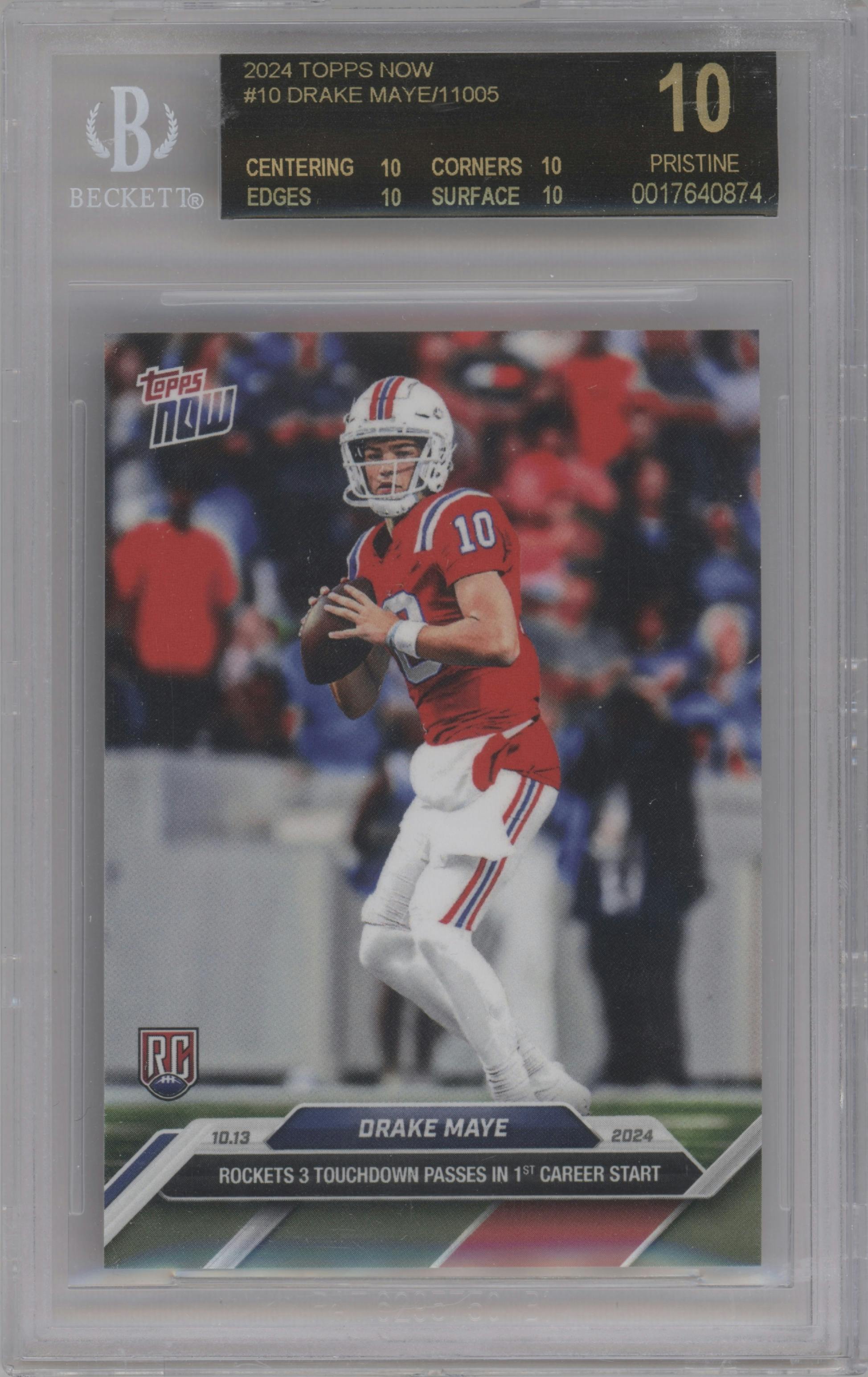 Drake Maye from the 2024 Topps Now set graded by Beckett and given an overall grade of 10.