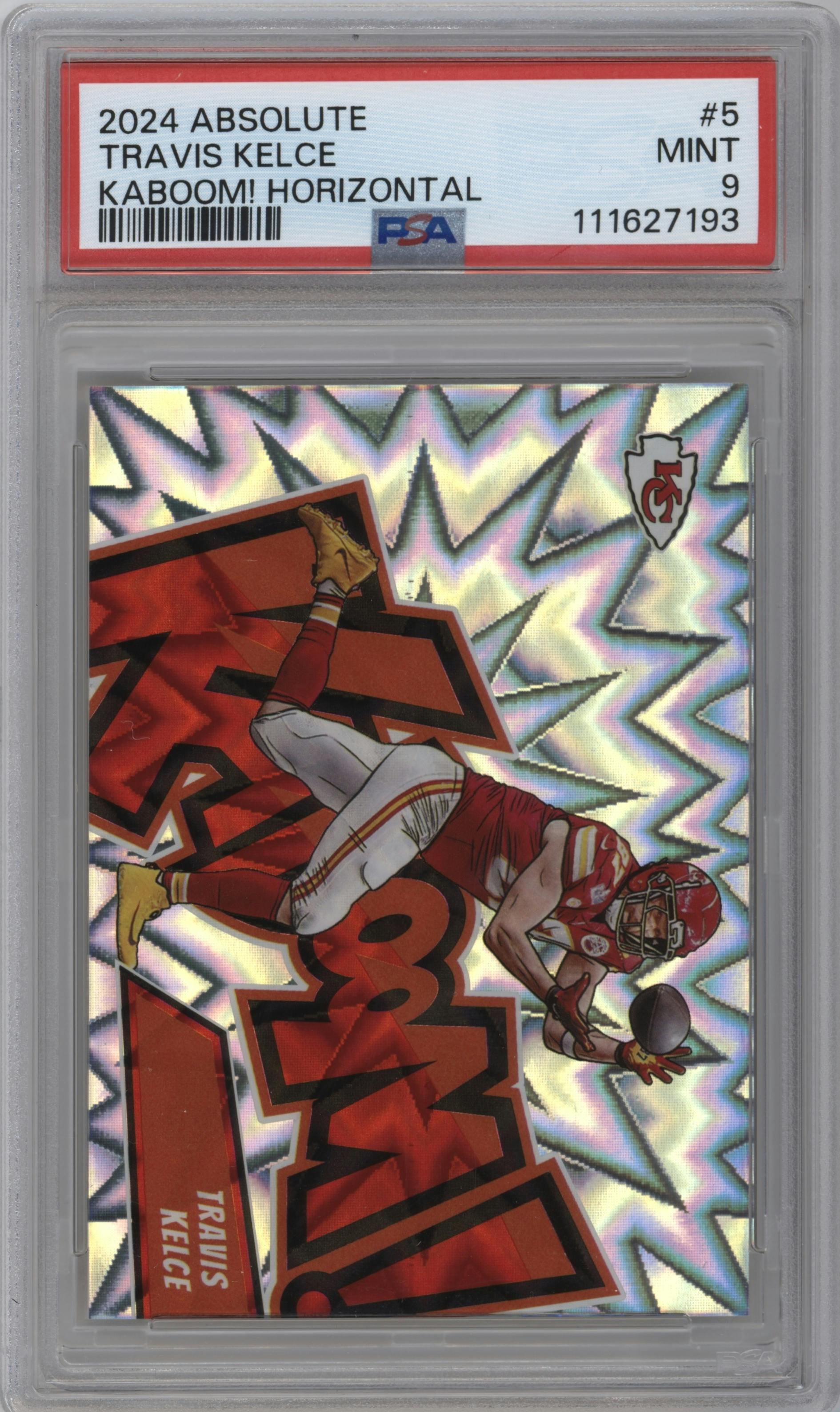 Travis Kelce from the 2024 Panini Absolute set graded by PSA and given an overall grade of 9.