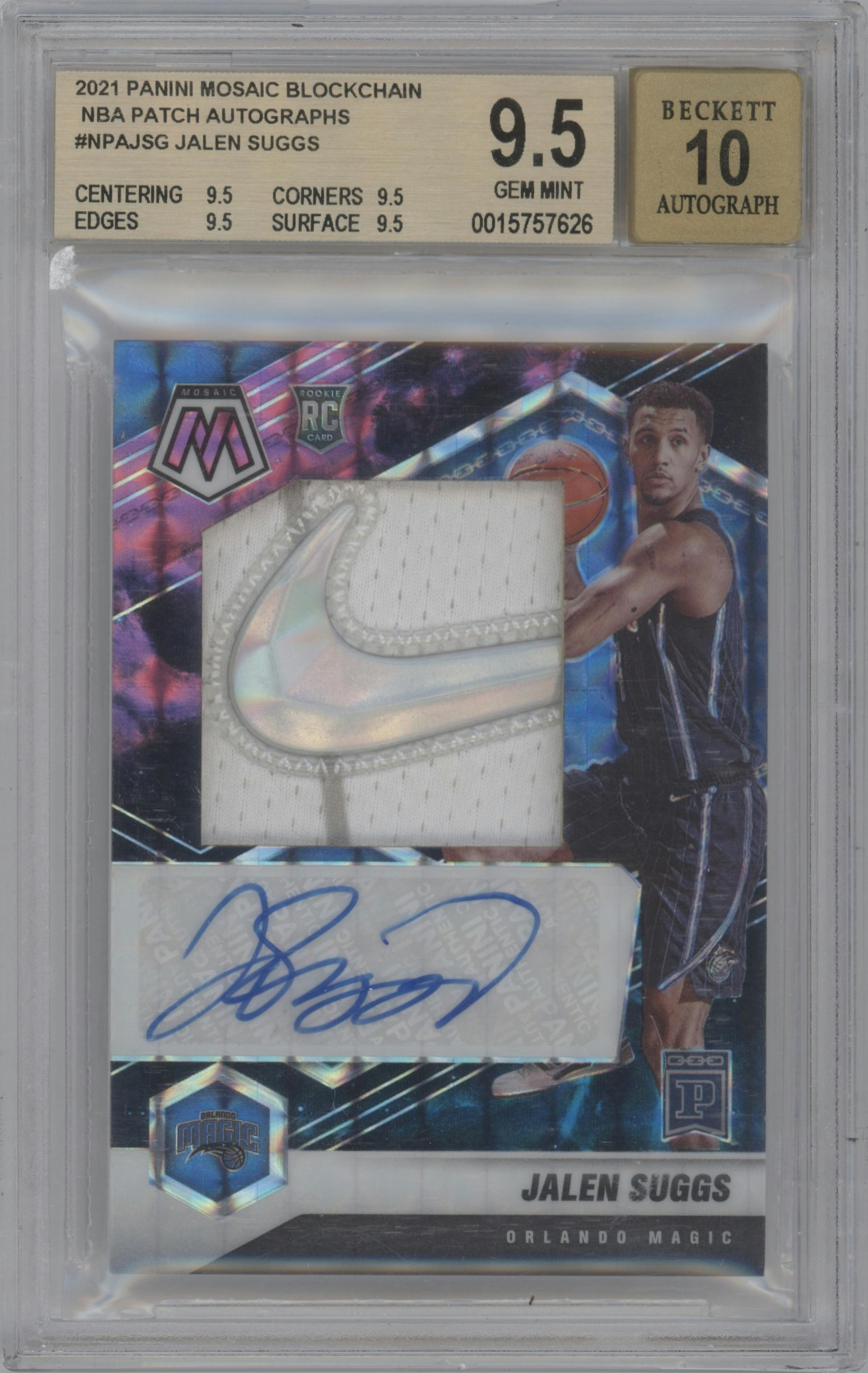Jalen Suggs from the 2021 Panini Mosaic Blockchain set graded by Beckett and given an overall grade of 9.5.