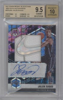 Jalen Suggs from the 2021 Panini Mosaic Blockchain set graded by Beckett and given an overall grade of 9.5.