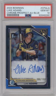 Luke Adams from the 2024 Bowman set featuring a Blue Refractor parallel graded by PSA and given an overall grade of 10.