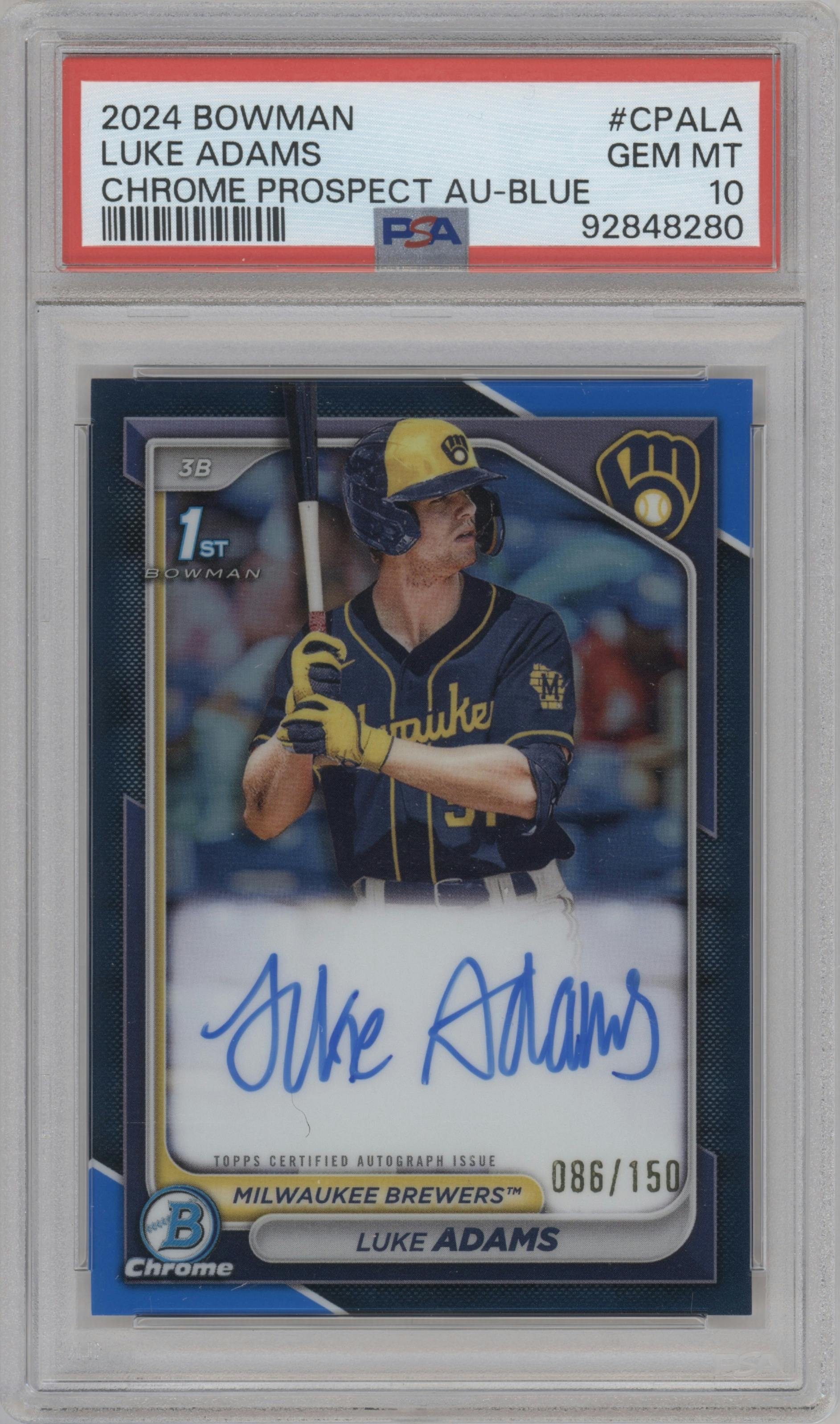 Luke Adams from the 2024 Bowman set featuring a Blue Refractor parallel graded by PSA and given an overall grade of 10.