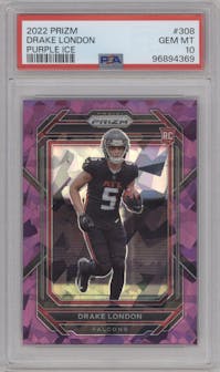 Drake London from the 2022 Panini Prizm set featuring a Purple Ice parallel graded by PSA and given an overall grade of 10.