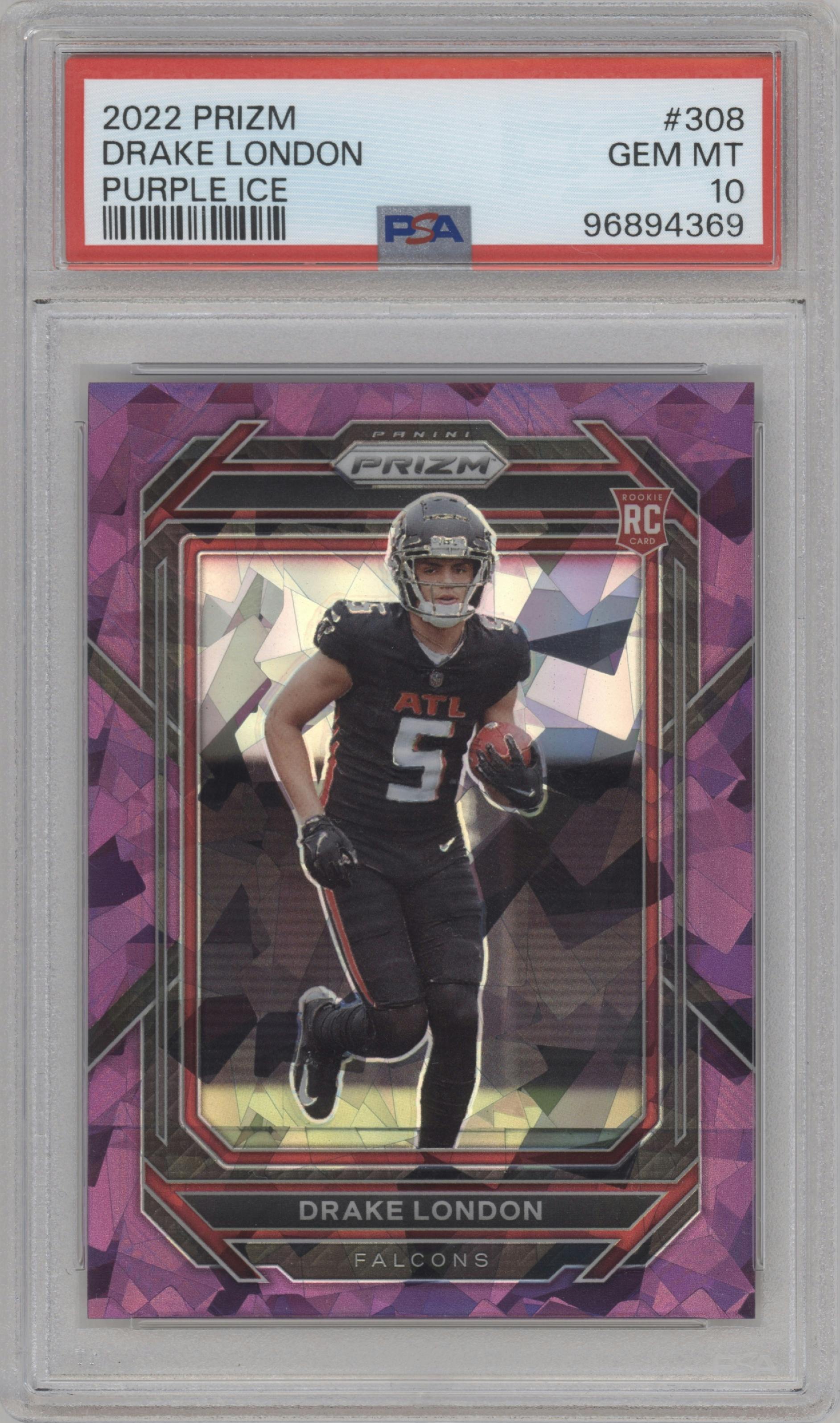 Drake London from the 2022 Panini Prizm set featuring a Purple Ice parallel graded by PSA and given an overall grade of 10.