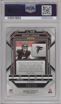 Drake London from the 2022 Panini Prizm set featuring a Purple Ice parallel graded by PSA and given an overall grade of 10.