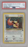 Eevee from the 2000 Pokemon set featuring a Pokemon League parallel graded by PSA and given an overall grade of 7.
