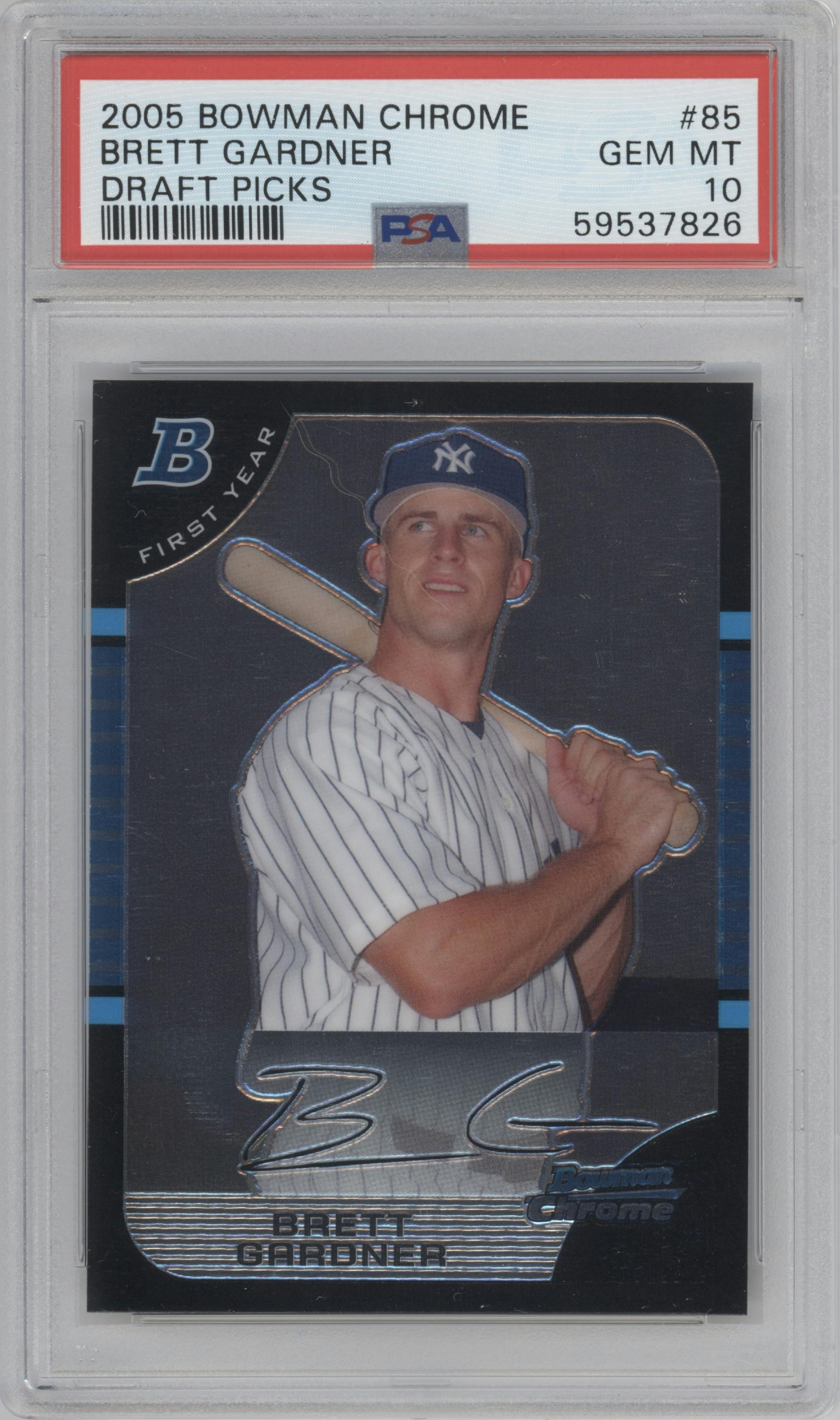 Brett Gardner from the 2005 Bowman Draft Picks & Prospects set graded by PSA and given an overall grade of 10.