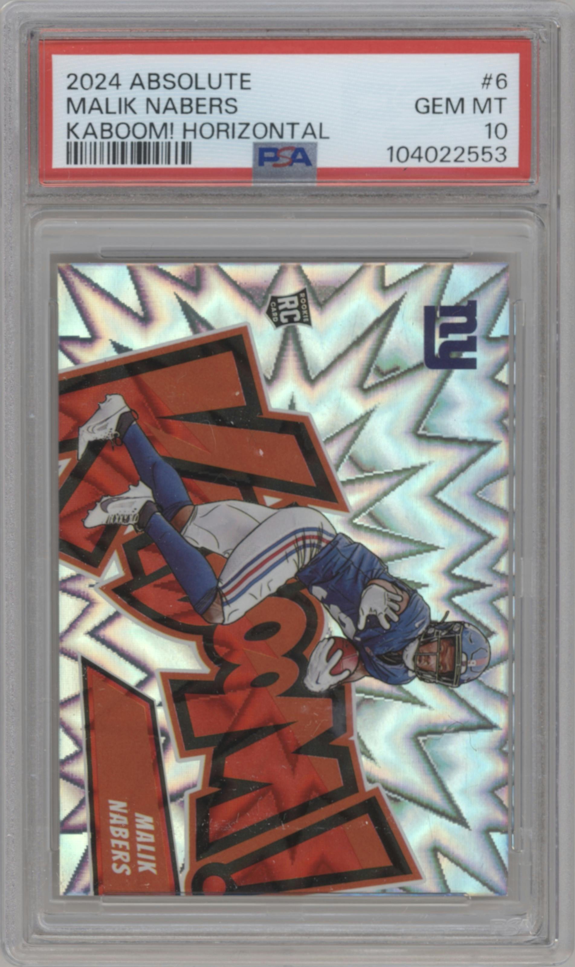 Malik Nabers from the 2024 Panini Absolute set graded by PSA and given an overall grade of 10.