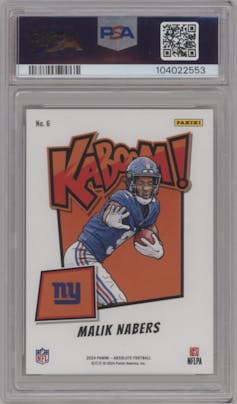 Malik Nabers from the 2024 Panini Absolute set graded by PSA and given an overall grade of 10.
