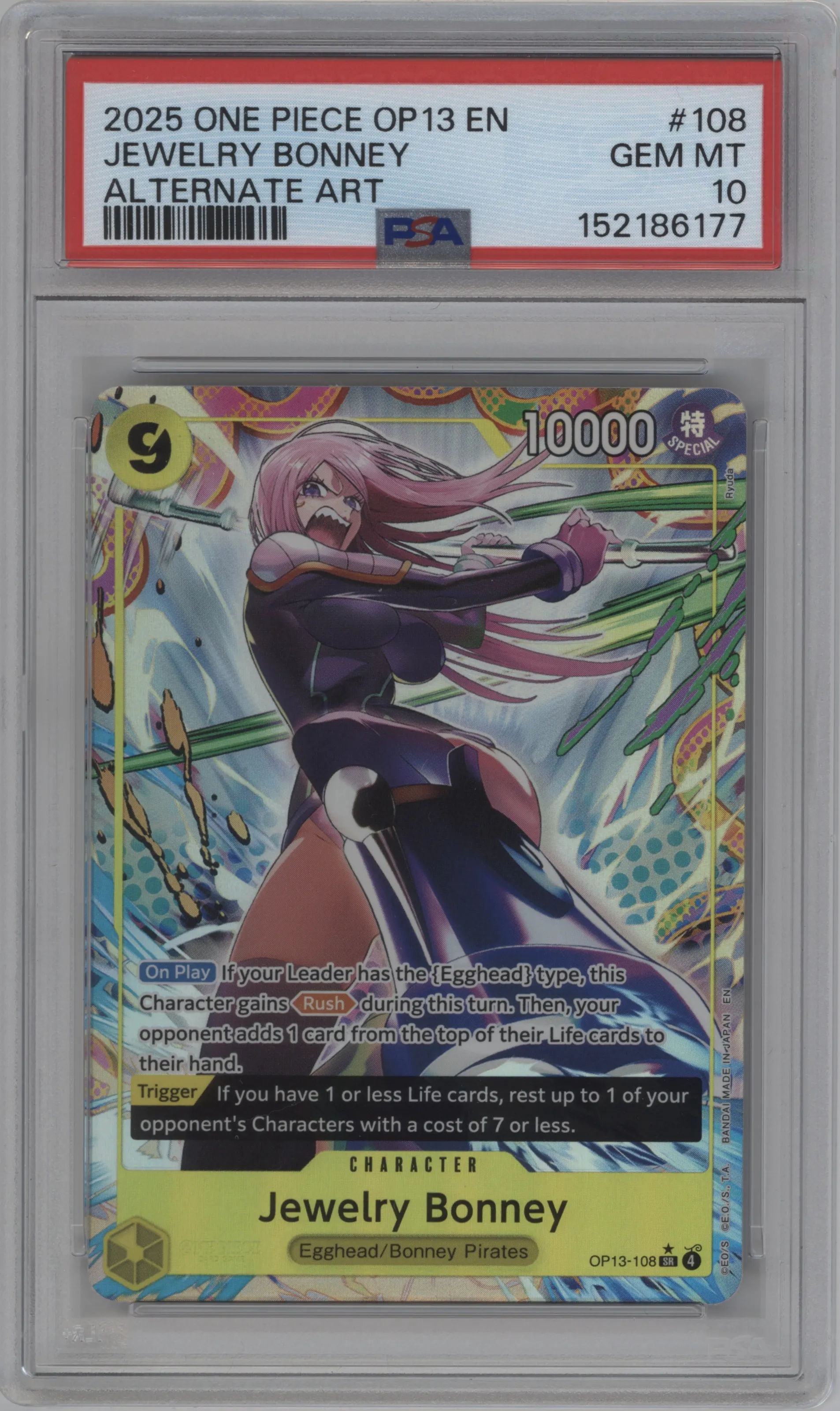 2025 One Piece Carrying On His Will Jewelry Bonney Alternate Art SR #OP13-108 SR PSA 10